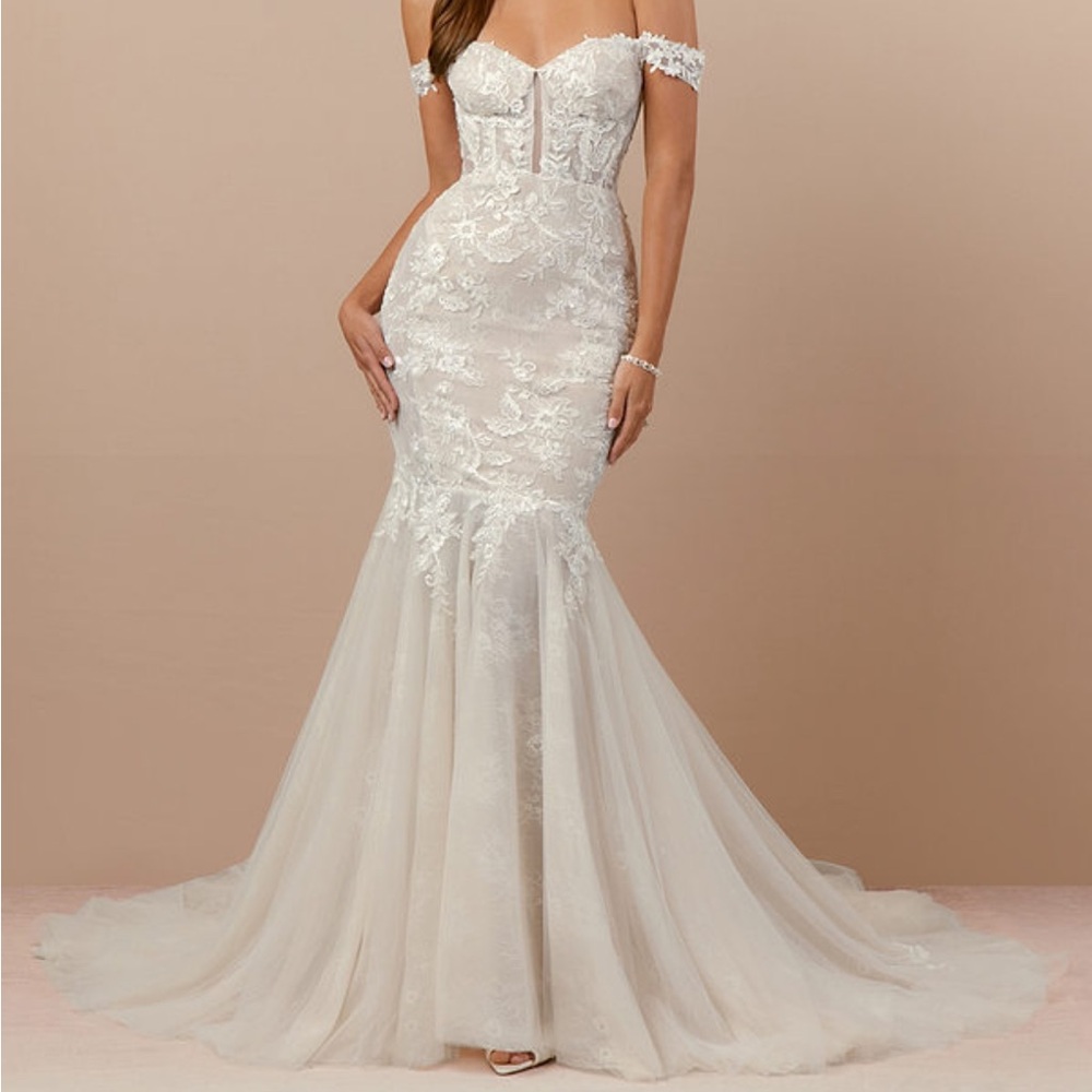 Azazie Lace Off-Shoulder Bridal Gown in Cream